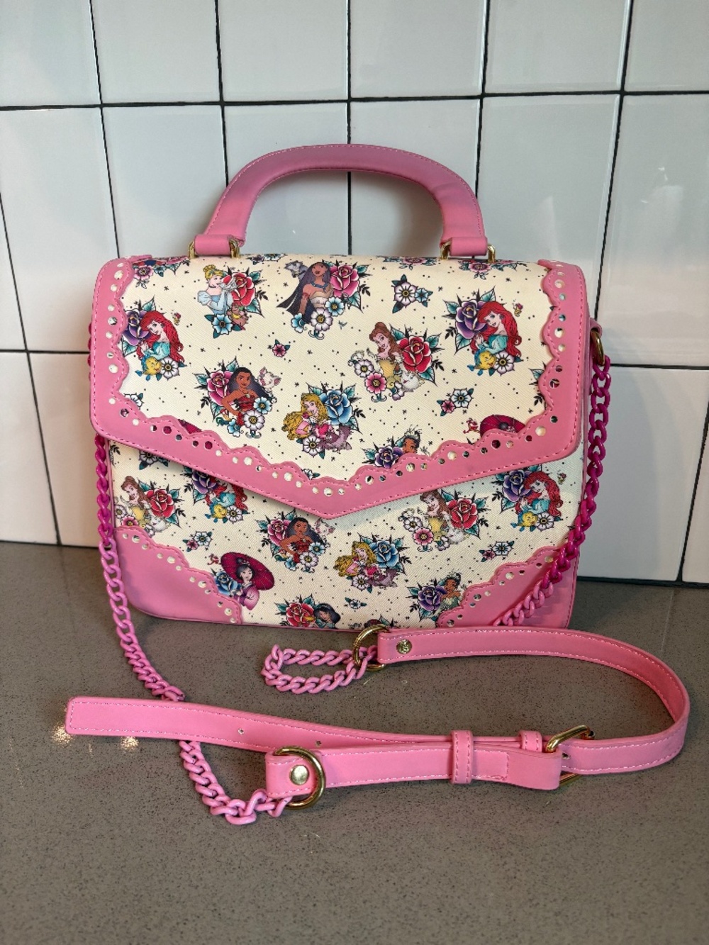 Loungefly Disney princess crossbody purse - pink with tattoo style